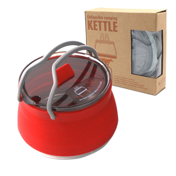 Red 1L Portable Collapsible Camping Kettle - Food-Grade Silicone Body with 304 Stainless Steel Base, Compatible with Induction & Gas Stoves