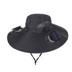 Black Dual Turbo Fan Sun Hat with Square Solar Panel & TypeC Interface - Waterproof 14cm Wide-Brim Cooling Hat for Outdoor Fishing Hiking Camping