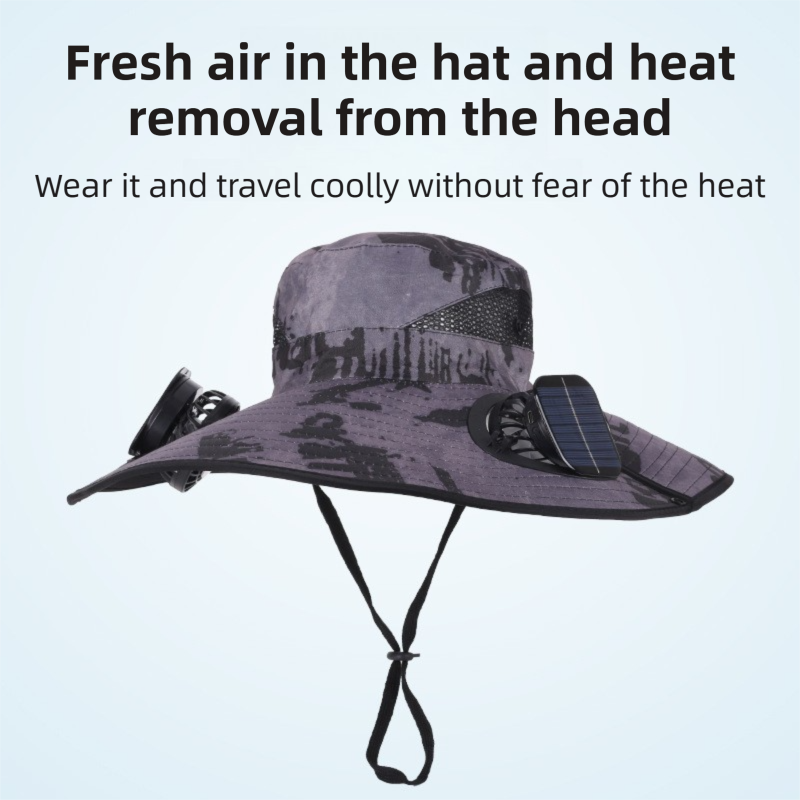Black Dual Turbo Fan Sun Hat with Square Solar Panel & TypeC Interface - Waterproof 14cm Wide-Brim Cooling Hat for Outdoor Fishing Hiking Camping