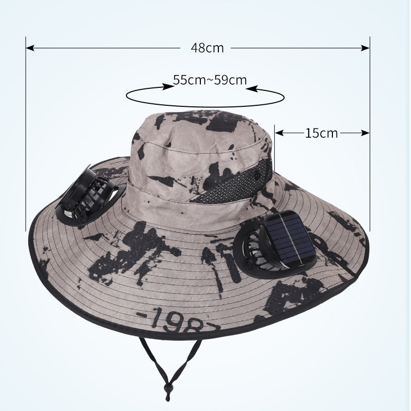 Black Dual Turbo Fan Sun Hat with Square Solar Panel & TypeC Interface - Waterproof 14cm Wide-Brim Cooling Hat for Outdoor Fishing Hiking Camping