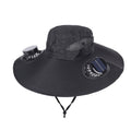 Black Dual Turbo Fan Sun Hat with Round Solar Panel & TypeC Interface - Waterproof 14cm Wide-Brim Cooling Hat for Outdoor Fishing Hiking Camping