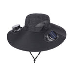 Black Dual Turbo Fan Sun Hat with Round Solar Panel & TypeC Interface - Waterproof 14cm Wide-Brim Cooling Hat for Outdoor Fishing Hiking Camping