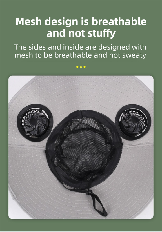 Black Dual Turbo Fan Sun Hat with Round Solar Panel & TypeC Interface - Waterproof 14cm Wide-Brim Cooling Hat for Outdoor Fishing Hiking Camping