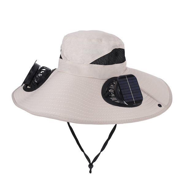 Khaki Dual Turbo Fan Sun Hat with Square Solar Panel & TypeC Interface - Waterproof 14cm Wide-Brim Cooling Hat for Outdoor Fishing Hiking Camping