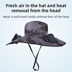 Khaki Dual Turbo Fan Sun Hat with Round Solar Panel & TypeC Interface - Waterproof 14cm Wide-Brim Cooling Hat for Outdoor Fishing Hiking Camping