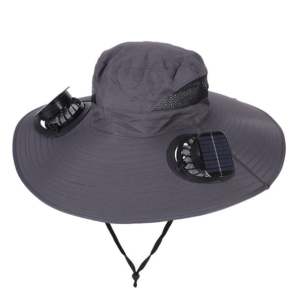 Dark Grey Dual Turbo Fan Sun Hat with Square Solar Panel & TypeC Interface - Waterproof 14cm Wide-Brim Cooling Hat for Outdoor Fishing Hiking Camping