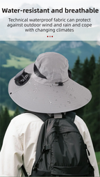 Dark Grey Dual Turbo Fan Sun Hat with Square Solar Panel & TypeC Interface - Waterproof 14cm Wide-Brim Cooling Hat for Outdoor Fishing Hiking Camping
