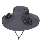 Dark Grey Dual Turbo Fan Sun Hat with Round Solar Panel & TypeC Interface - Waterproof 14cm Wide-Brim Cooling Hat for Outdoor Fishing Hiking Camping