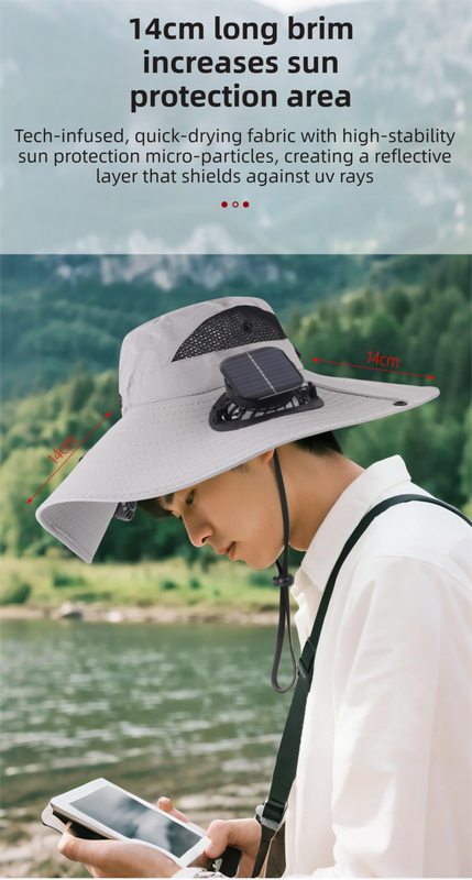 Dark Grey Dual Turbo Fan Sun Hat with Round Solar Panel & TypeC Interface - Waterproof 14cm Wide-Brim Cooling Hat for Outdoor Fishing Hiking Camping