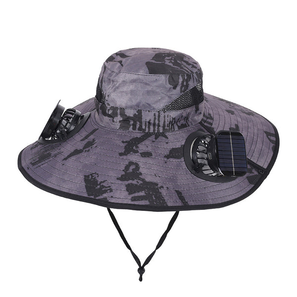 Camouflage Grey Dual Turbo Fan Sun Hat with Square Solar Panel & TypeC Interface - Waterproof 14cm Wide-Brim Cooling Hat for Outdoor Fishing Hiking Camping
