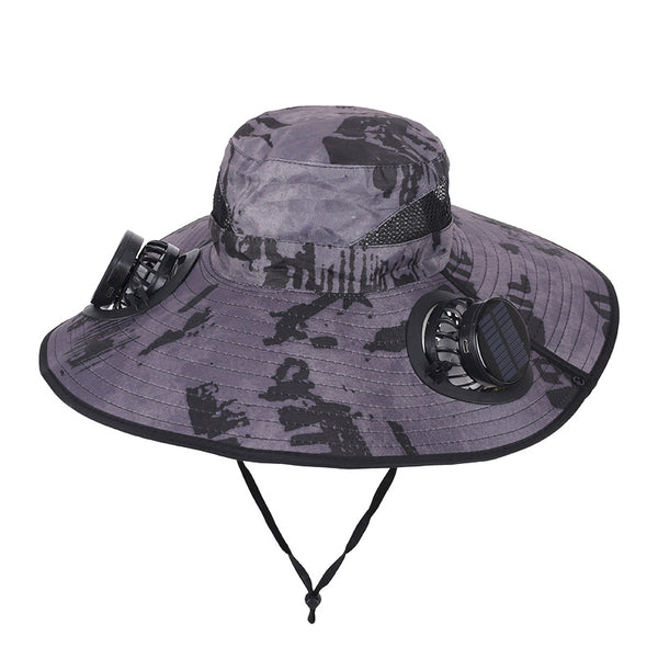 Camouflage Grey Dual Turbo Fan Sun Hat with Round Solar Panel & TypeC Interface - Waterproof 14cm Wide-Brim Cooling Hat for Outdoor Fishing Hiking Camping