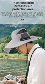 Camouflage Grey Dual Turbo Fan Sun Hat with Round Solar Panel & TypeC Interface - Waterproof 14cm Wide-Brim Cooling Hat for Outdoor Fishing Hiking Camping