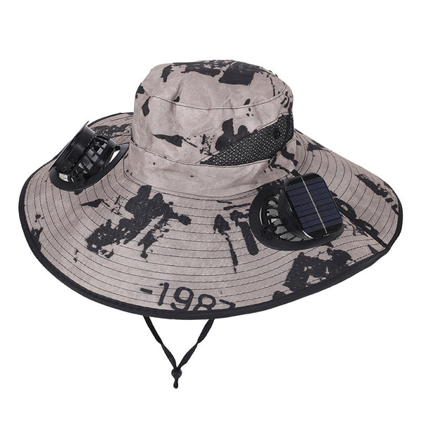 Camouflage Khaki Dual Turbo Fan Sun Hat with Square Solar Panel & TypeC Interface - Waterproof 14cm Wide-Brim Cooling Hat for Outdoor Fishing Hiking Camping