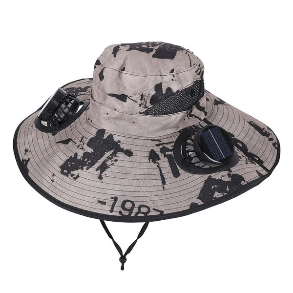 Camouflage Khaki Dual Turbo Fan Sun Hat with Round Solar Panel & TypeC Interface - Waterproof 14cm Wide-Brim Cooling Hat for Outdoor Fishing Hiking Camping