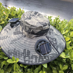 Camouflage Green Dual Turbo Fan Sun Hat with Square Solar Panel & TypeC Interface - Waterproof 14cm Wide-Brim Cooling Hat for Outdoor Fishing Hiking Camping