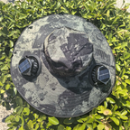 Camouflage Green Dual Turbo Fan Sun Hat with Round Solar Panel & TypeC Interface - Waterproof 14cm Wide-Brim Cooling Hat for Outdoor Fishing Hiking Camping