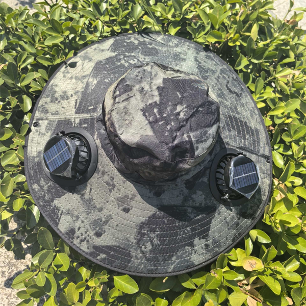 Camouflage Green Dual Turbo Fan Sun Hat with Round Solar Panel & TypeC Interface - Waterproof 14cm Wide-Brim Cooling Hat for Outdoor Fishing Hiking Camping