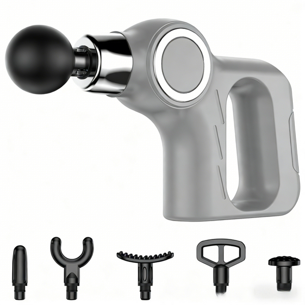 Grey Portable Mini Triangle Massage Gun with 6 Heads & 6 Speed Setting