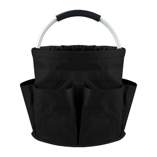 Black Foldable Oxford Cloth Round Picnic Basket with Padded Metal Handle - 6 Pocket Large Capacity Storage Tote for Outdoor Beach and Shopping