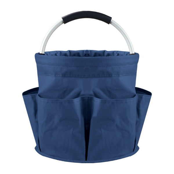 Blue Foldable Oxford Cloth Round Picnic Basket with Padded Metal Handle - 6 Pocket Large Capacity Storage Tote for Outdoor Beach and Shopping