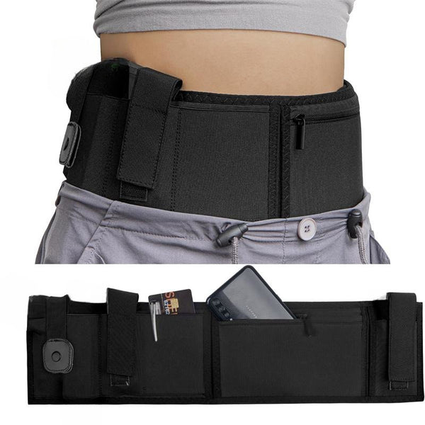 Black Multi-Functional Concealed Tactical Belly Band with Muti-Pouch and Holster - 55 inch Breathable Carry Belt for Outdoor Camping