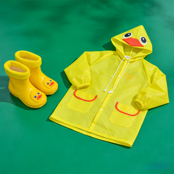 Kids Cartoon Rain Gear Set - Eco-Friendly Odorless Yellow Duck Raincoat & Matching 19cm Duck Rain Boots with Detachable Warm Cotton Liner