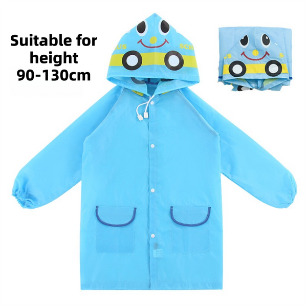 Blue Car Kids Cartoon Animal Raincoat - Waterproof Hooded Rain Poncho for Toddlers & Students (90-130CM Height)