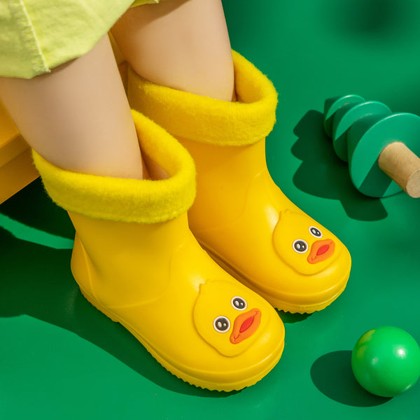 Cute Yellow Duck Kids Rain Boots with Removable Warm Cotton Liner - Waterproof Anti-Slip Toddler Wellies for Foot Length 17CM
