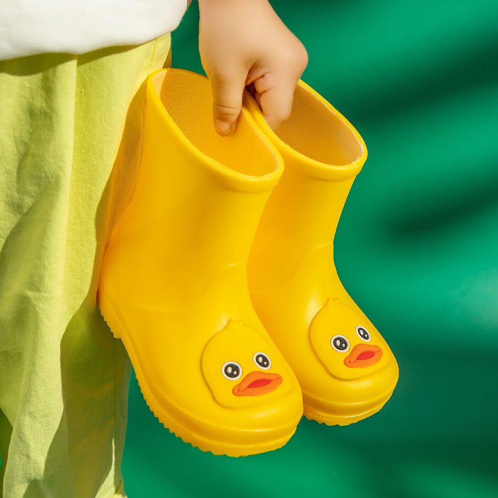 Cute Yellow Duck Kids Rain Boots with Removable Warm Cotton Liner - Waterproof Anti-Slip Toddler Wellies for Foot Length 19CM