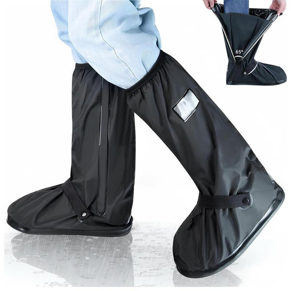 A Pair 40CM High-Tube Double-Layer Waterproof Rain Boot Covers - Durable Anti-Slip Reflective Motorcycle Over-Shoes (L Size)