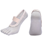 Grey 2pcs Women's 5-Finger Ballet Style Yoga Socks - Non-Slip Grip Pilates & Dance Socks with Elegant Lace Trim and Elastic Cross Strap