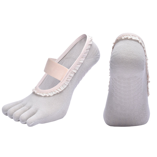 Grey 2pcs Women's 5-Finger Ballet Style Yoga Socks - Non-Slip Grip Pilates & Dance Socks with Elegant Lace Trim and Elastic Cross Strap