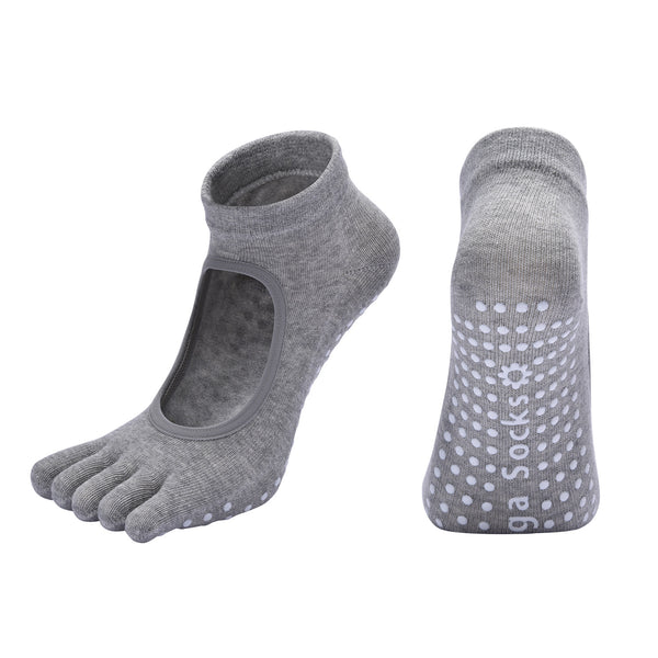 Light Grey 3-Pack Women's Non-Slip Five-Finger Yoga Socks - Open Back Combed Cotton Pilates & Fitness Grip Socks for Professional Exercise