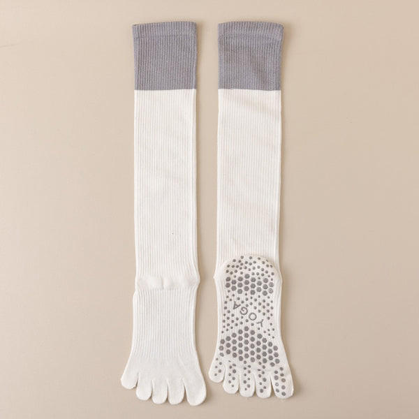 White 2PCS Women's Professional Five-Finger Compression Calf Socks - High-Performance Knee-High Non-Slip Grip Socks for Yoga, Running, and Fitness