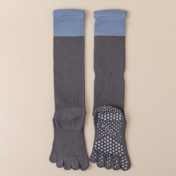 Grey 2PCS Women's Professional Five-Finger Compression Calf Socks - High-Performance Knee-High Non-Slip Grip Socks for Yoga, Running, and Fitness