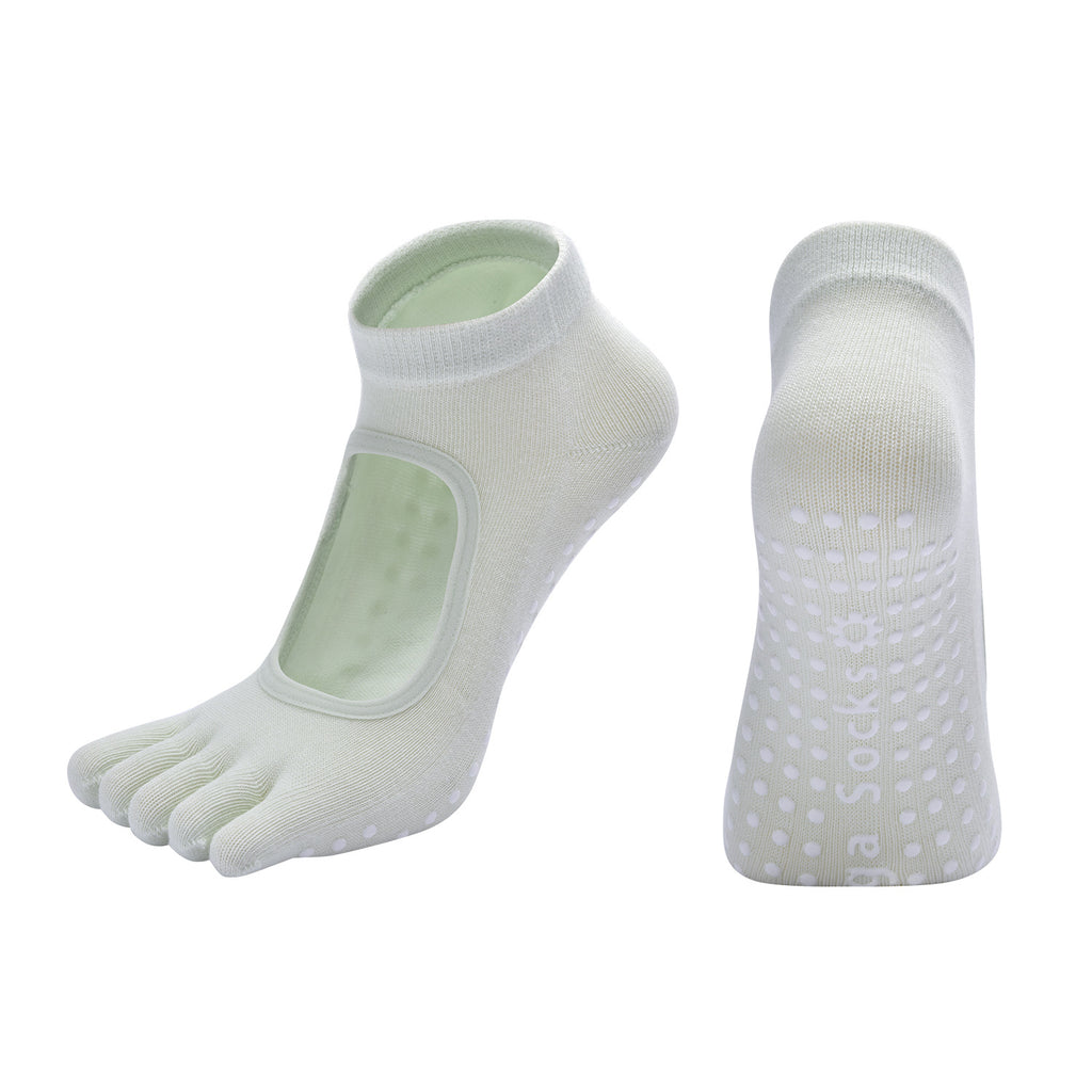 Macaron Green 3-Pack Women's Non-Slip Five-Finger Yoga Socks - Open Back Combed Cotton Pilates & Fitness Grip Socks for Professional Exercise