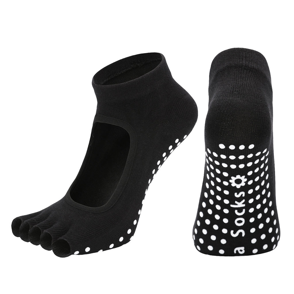 Black 3-Pack Women's Non-Slip Five-Finger Yoga Socks - Open Back Combed Cotton Pilates & Fitness Grip Socks for Professional Exercise