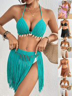 Green Women's Hand-Crocheted Two-Piece Bikini Set with Shell Accents and Tassel Skirt