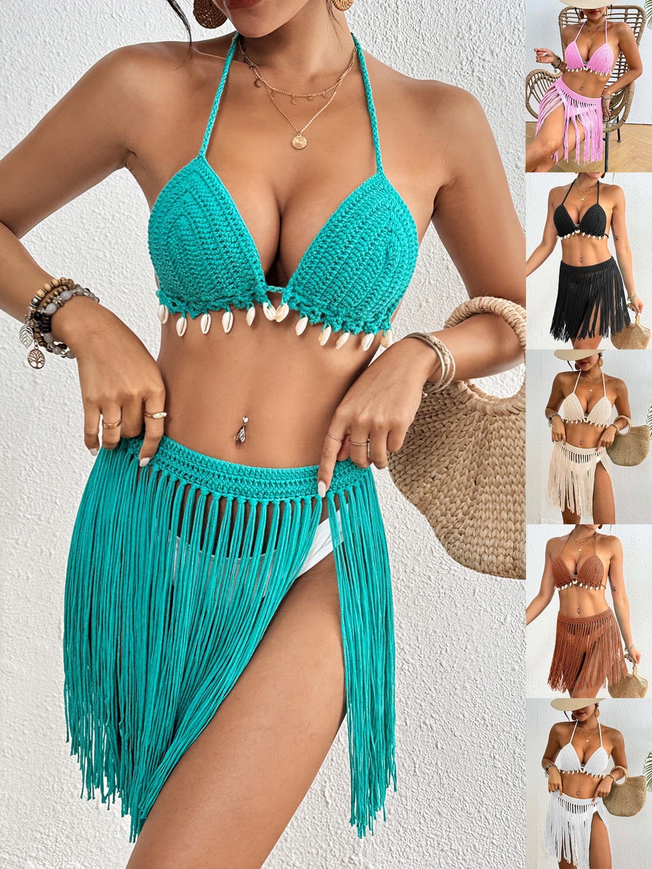Green Women's Hand-Crocheted Two-Piece Bikini Set with Shell Accents and Tassel Skirt