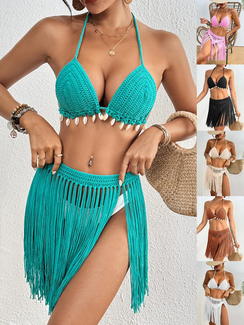 Pink Women's Hand-Crocheted Two-Piece Bikini Set with Shell Accents and Tassel Skirt