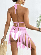Pink Women's Hand-Crocheted Two-Piece Bikini Set with Shell Accents and Tassel Skirt