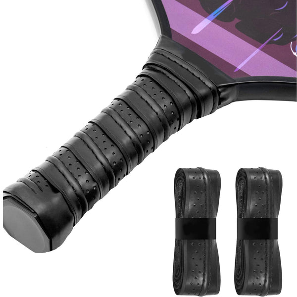 2-Pack Black Anti-Slip PU Overgrip Tape for Pickleball, Tennis & Badminton Rackets - Sweat-Absorbing Handle Wrap with Perforated Design
