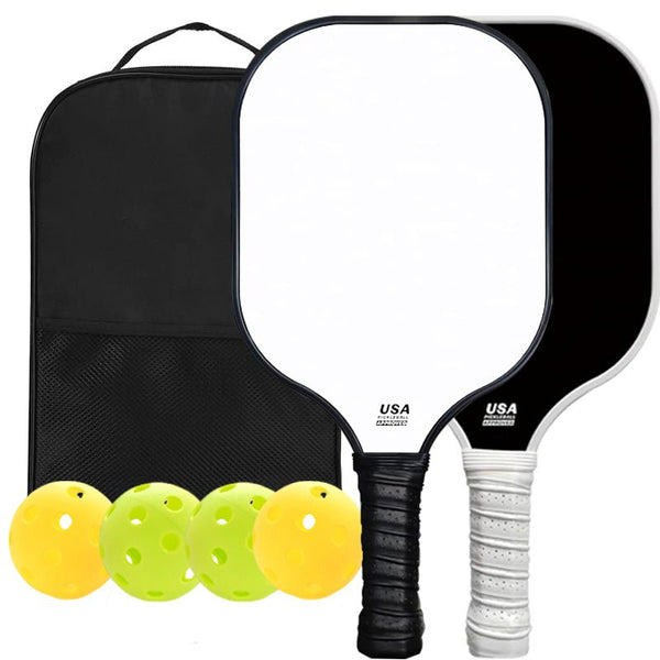 Black and White Fiberglass Pickleball Paddle Set - 2 Minimalist Paddles, 4 Balls, and Carry Bag for Outdoor Play