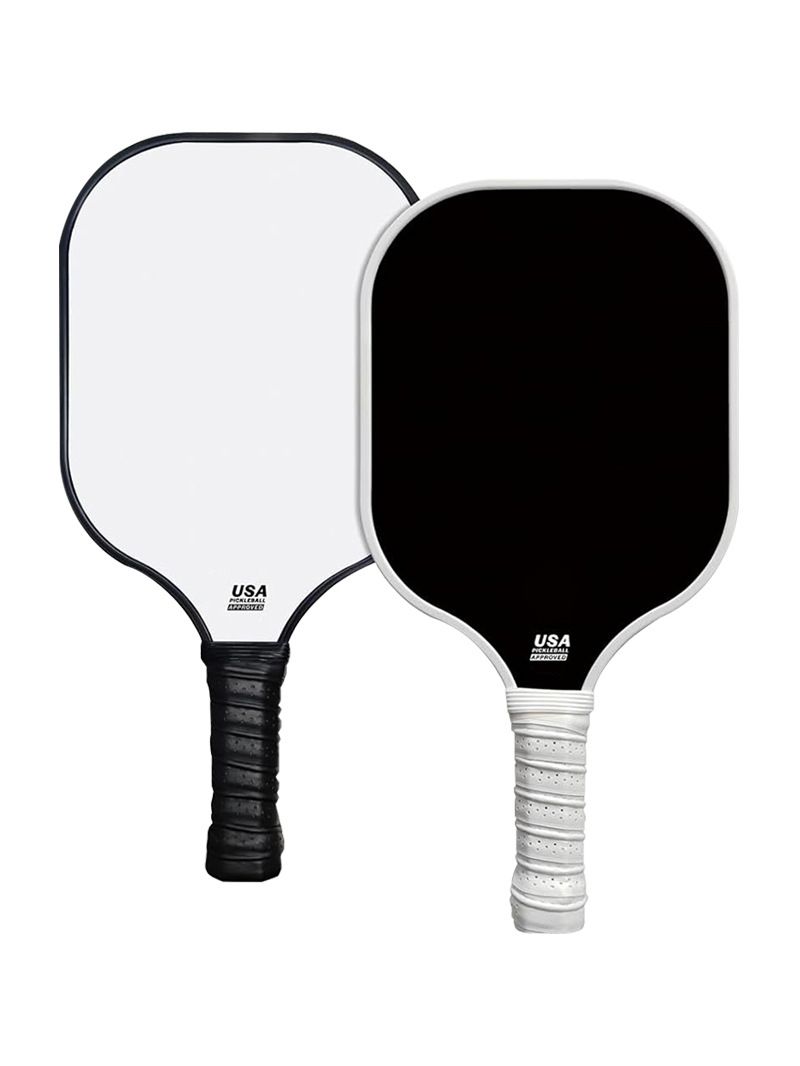 Black and White Fiberglass Pickleball Paddle Set - 2 Minimalist Paddles, 4 Balls, and Carry Bag for Outdoor Play