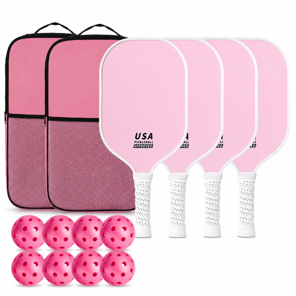 Pink Fiberglass Pickleball Paddle Set - 4 Minimalist Paddles, 8 Balls, and 2 Carry Bags for Outdoor Play