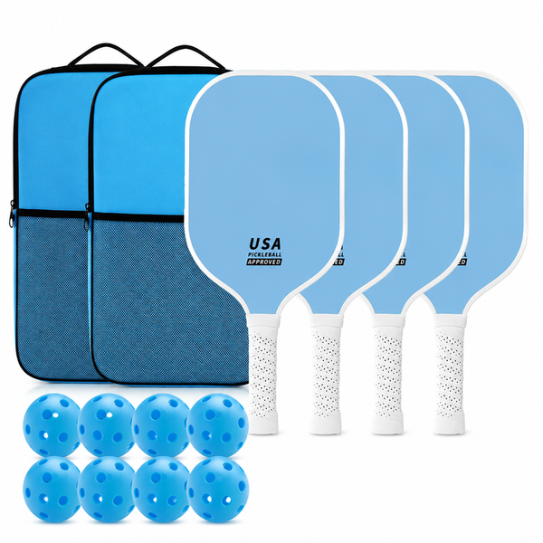 Blue Fiberglass Pickleball Paddle Set - 4 Minimalist Paddles, 8 Balls, and 2 Carry Bags for Outdoor Play