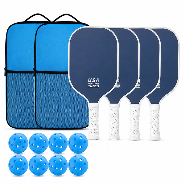 Dark Blue Fiberglass Pickleball Paddle Set - 4 Minimalist Paddles, 8 Balls, and 2 Carry Bags for Outdoor Play