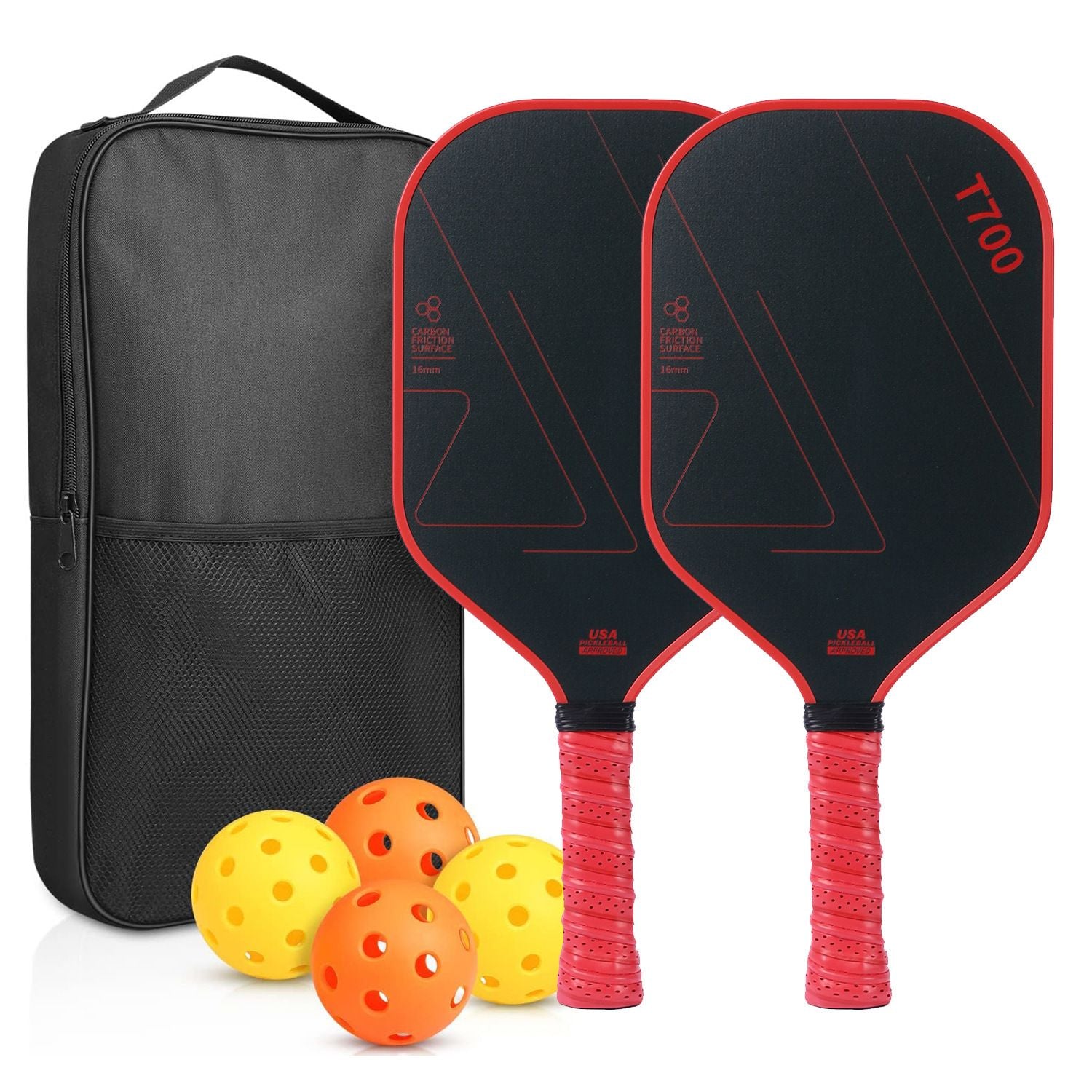 Red and Black T700 Carbon Fiber Pickleball Paddle Set - 16mm Textured Matte Finish with Oxford Carry Bag & PE Balls