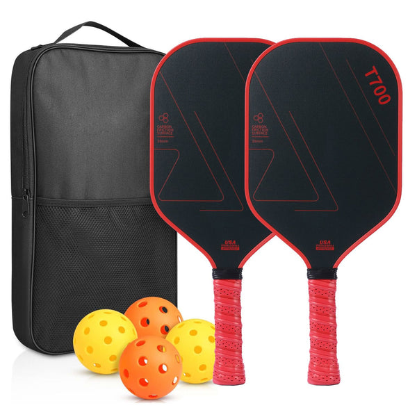 Red and Black T700 Carbon Fiber Pickleball Paddle Set - 16mm Textured Matte Finish with Oxford Carry Bag & PE Balls