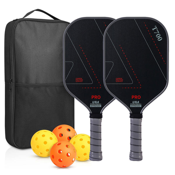 Grey and Black T700 Carbon Fiber Pickleball Paddle Set - 16mm Textured Matte Finish with Oxford Carry Bag & PE Balls